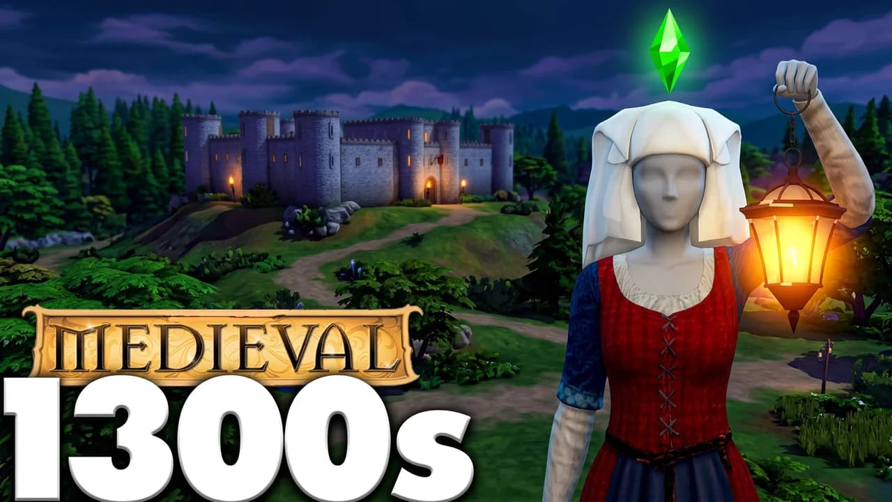 Sims 4 medieval thumbnail template, a Sim in a red peasant dress and white head cloth holding up a glowing lantern, a stone castle on a hill at dusk behind, MEDIEVAL and 1300s text