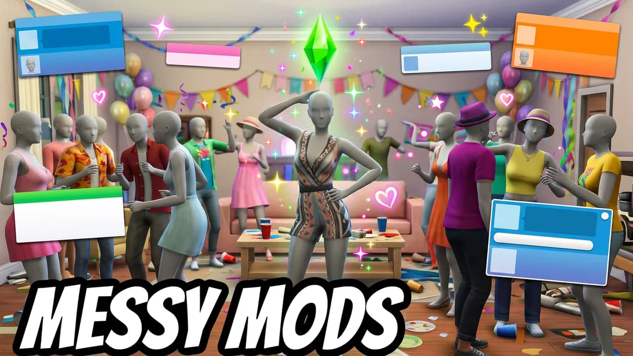Sims 4 mods thumbnail template, a Sim in a patterned jumpsuit posing in the middle of a crowded house party with balloons, bunting and blank pop-up panels, MESSY MODS text