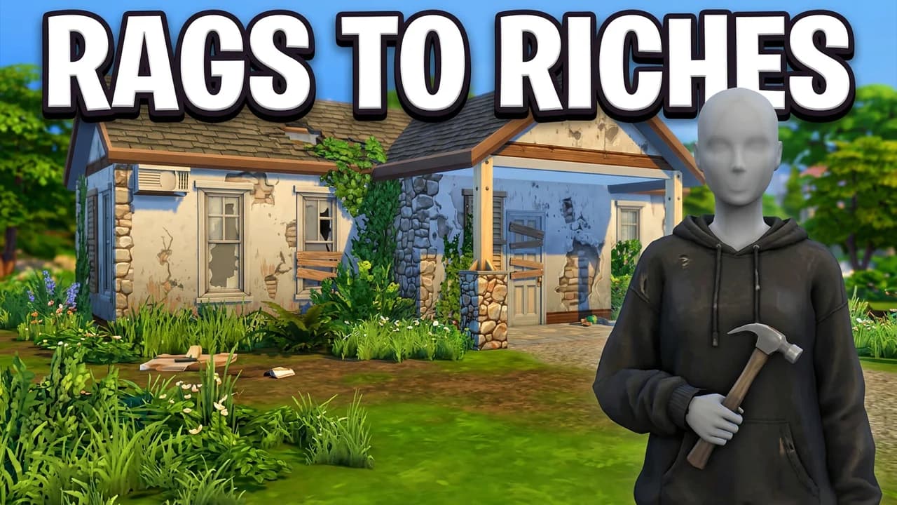 Sims 4 rags to riches thumbnail template, a Sim in a worn black hoodie holding a hammer in front of a run-down stone house with broken windows and boarded doors, RAGS TO RICHES text