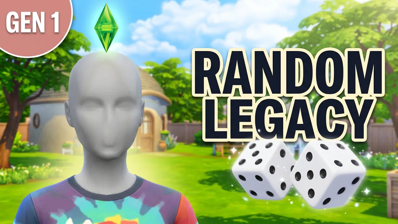 Sims 4 random legacy thumbnail template, a close-up Sim with a green plumbob in a sunny garden beside two big white dice, RANDOM LEGACY text and a GEN 1 badge