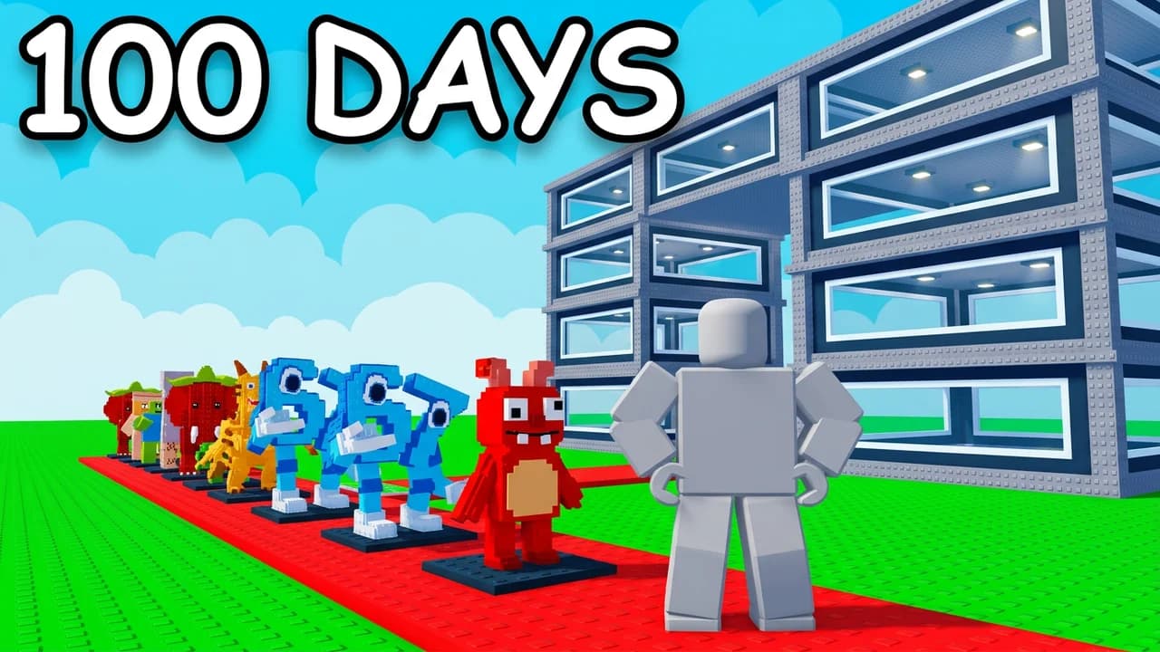Steal a Brainrot 100 days thumbnail template, a player standing proudly beside a tall grey glass base with a row of colourful brainrots on pads along the red carpet, 100 DAYS text