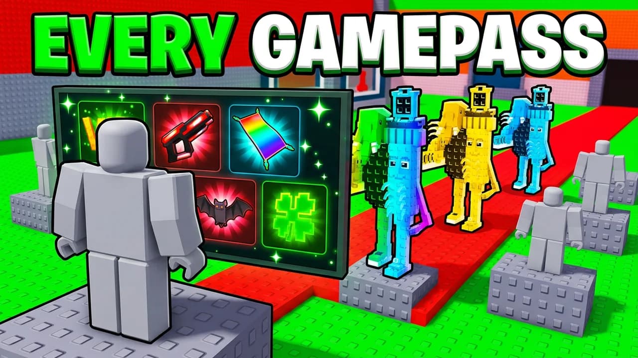 Steal a Brainrot gamepass thumbnail template, a player in front of a shop panel of glowing item icons, a laser gun, a flying carpet, a bat and a clover, with tall brainrots beside it, EVERY GAMEPASS text