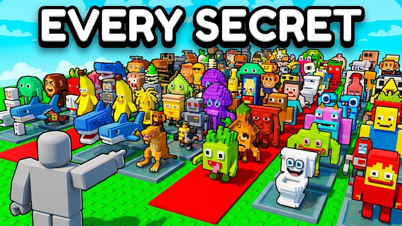 Steal a Brainrot every secret thumbnail template, a player pointing at a huge crowd of blocky brainrots, sharks, bananas, robots and fruit creatures packed on red carpets, EVERY SECRET text