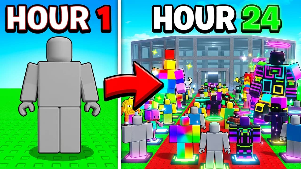 Steal a Brainrot hour 1 vs hour 24 thumbnail template, a lone player on grass on the left, a red arrow to a crowd of glowing rainbow brainrots on a red carpet in front of a glass base on the right, HOUR 1 and HOUR 24 text
