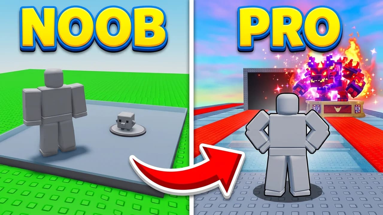 Steal a Brainrot noob vs pro thumbnail template, a player beside one tiny grey brainrot on a bare base on the left, the same player in front of a glowing purple and red secret brainrot on a red carpet on the right, a red arrow and NOOB and PRO text