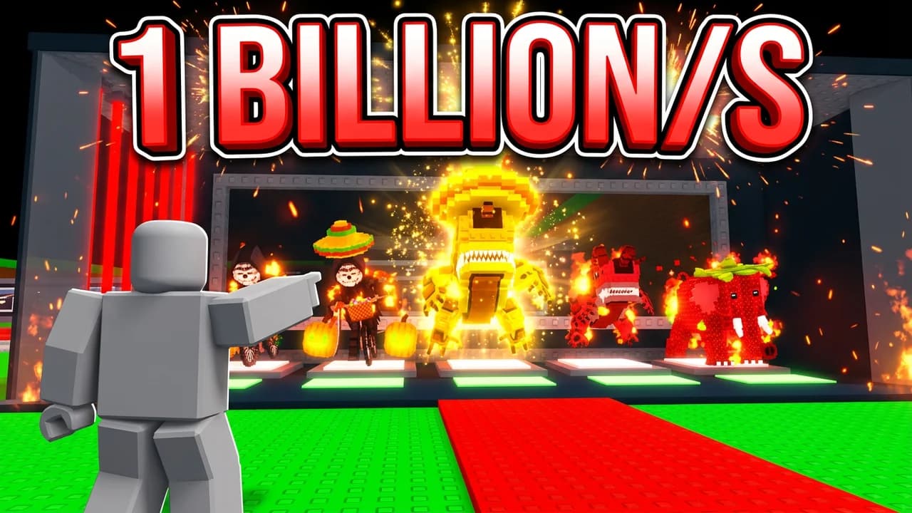 Steal a Brainrot 1 billion a second thumbnail template, a player pointing at a row of brainrots on glowing pads inside a dark base with sparks and fire, the middle one glowing gold, 1 BILLION/S text