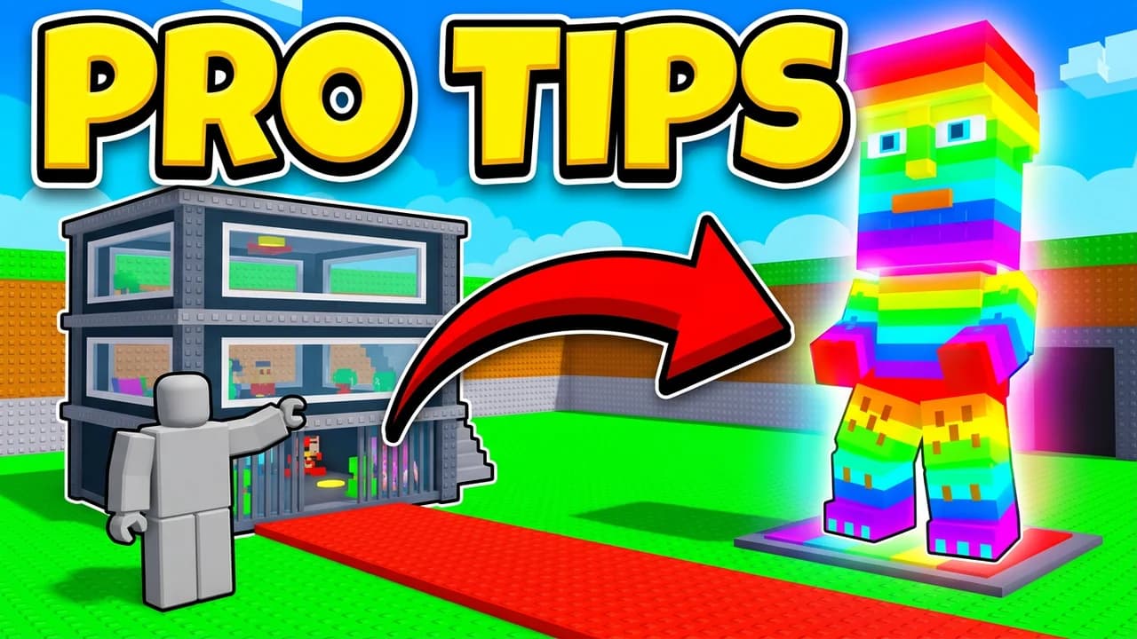 Steal a Brainrot pro tips thumbnail template, a player in front of a grey glass base, a curved red arrow to a giant glowing rainbow brainrot on a pad, PRO TIPS text