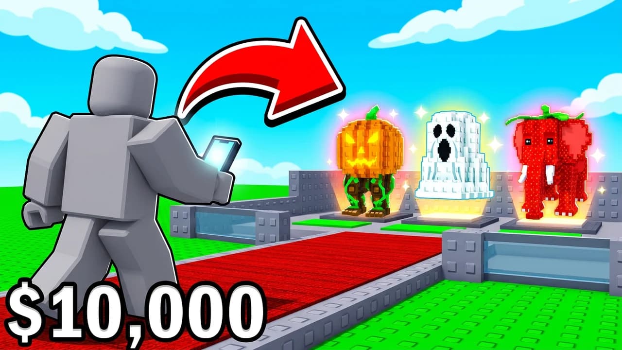 Steal a Brainrot spending thumbnail template, a player holding a phone, a red arrow to a pumpkin, a ghost and a strawberry elephant brainrot glowing on pads, $10,000 text
