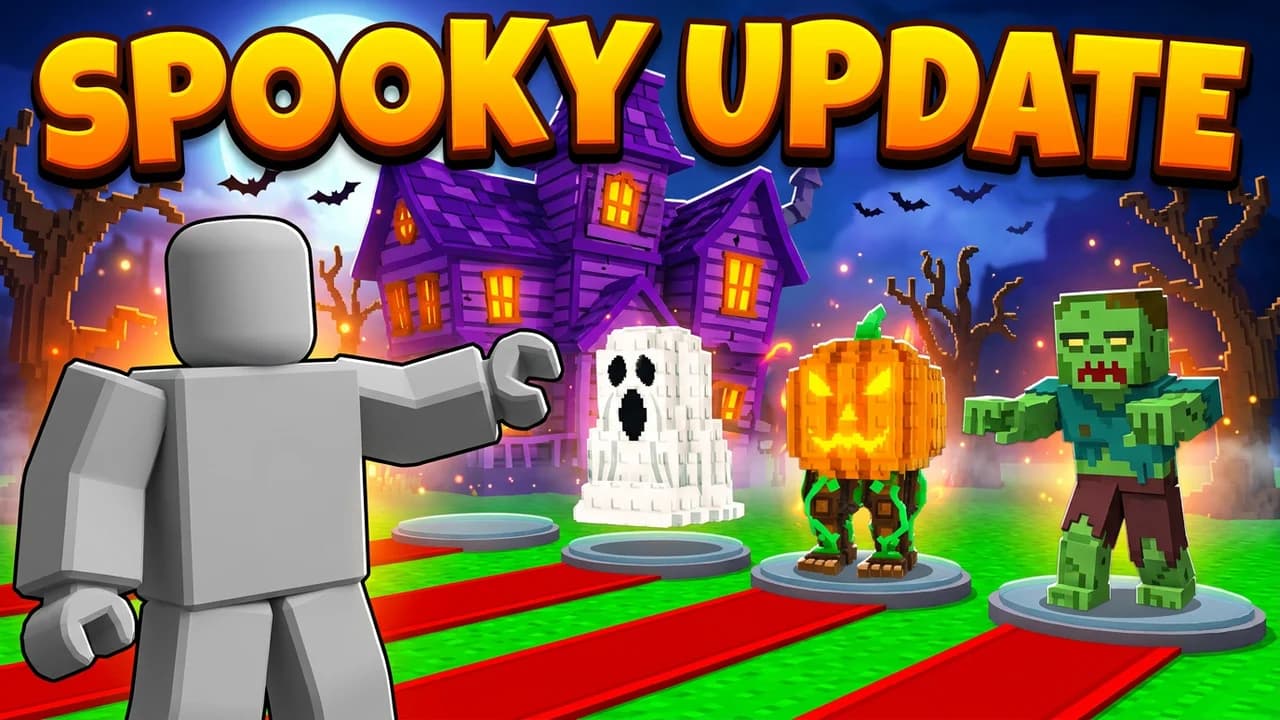 Steal a Brainrot Halloween update thumbnail template, a player pointing at a ghost, a pumpkin and a zombie brainrot on pads in front of a purple haunted house at night, SPOOKY UPDATE text