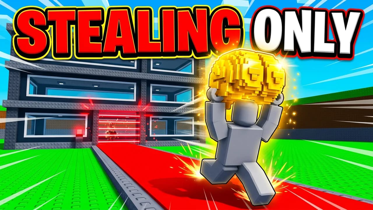 Steal a Brainrot stealing thumbnail template, a player sprinting down the red carpet carrying a glowing gold brainrot over their head, a base with red laser doors behind, STEALING ONLY text