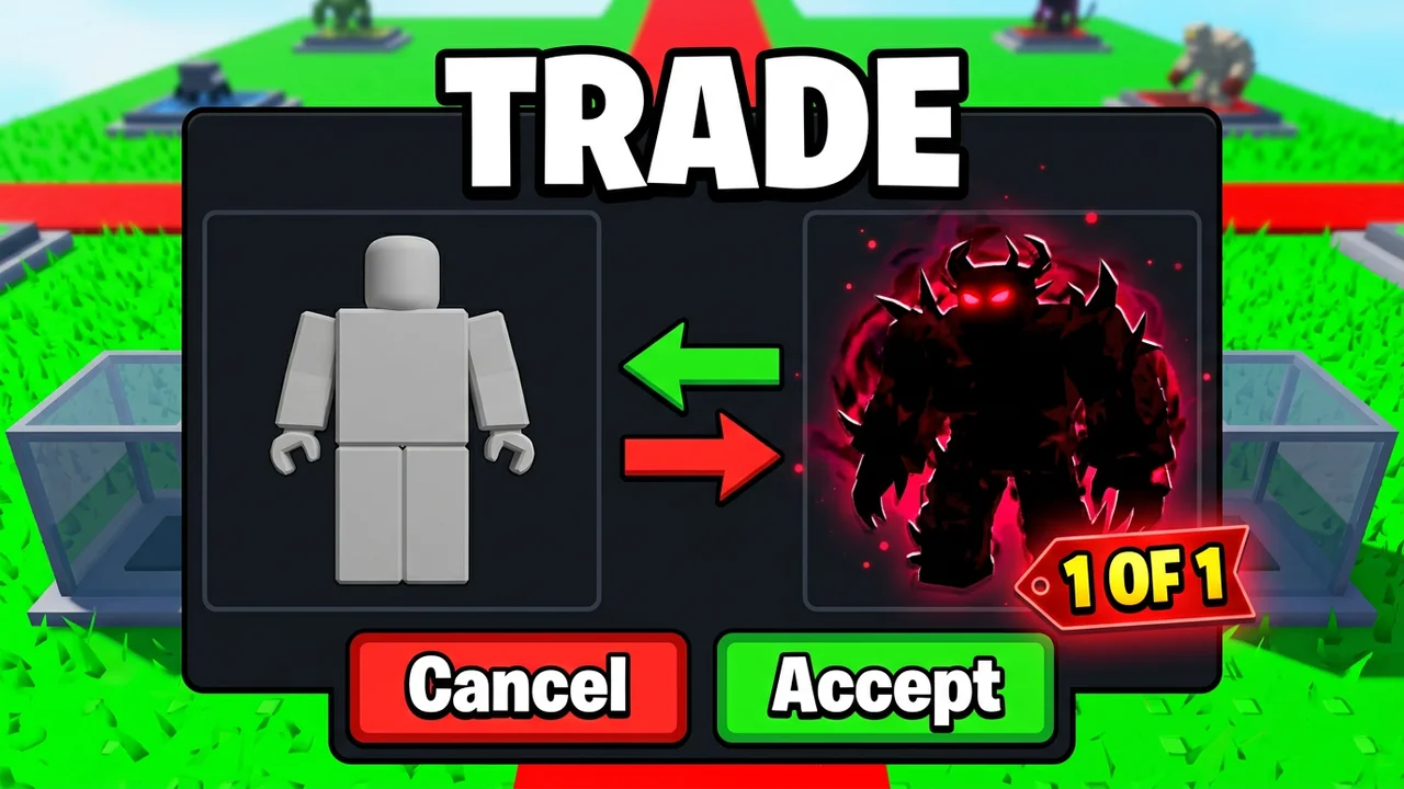Steal a Brainrot trading thumbnail template, a dark trade window with a plain player on the left and a glowing black shadow brainrot with a red 1 OF 1 tag on the right, swap arrows, Cancel and Accept buttons, TRADE text