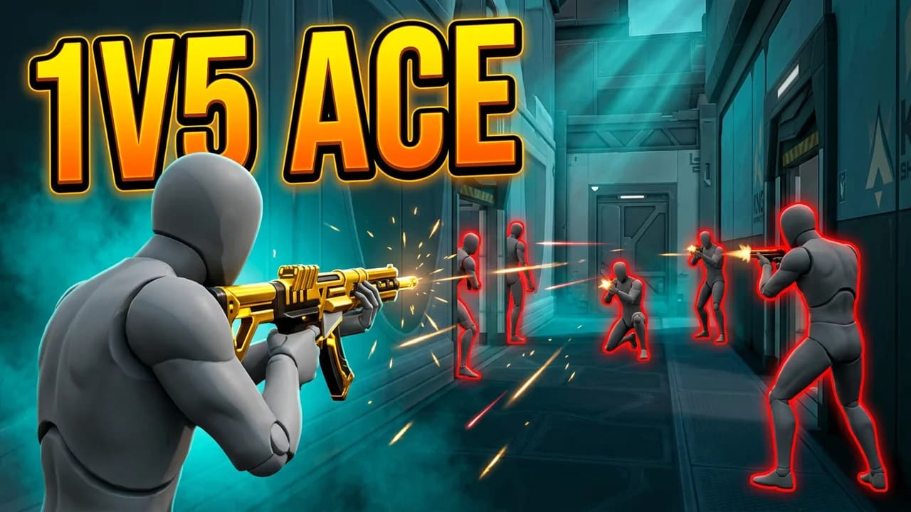 Valorant 1v5 ace clutch thumbnail template, a player seen from behind firing a gold rifle down a teal corridor at five enemies outlined in red, 1V5 ACE text in orange