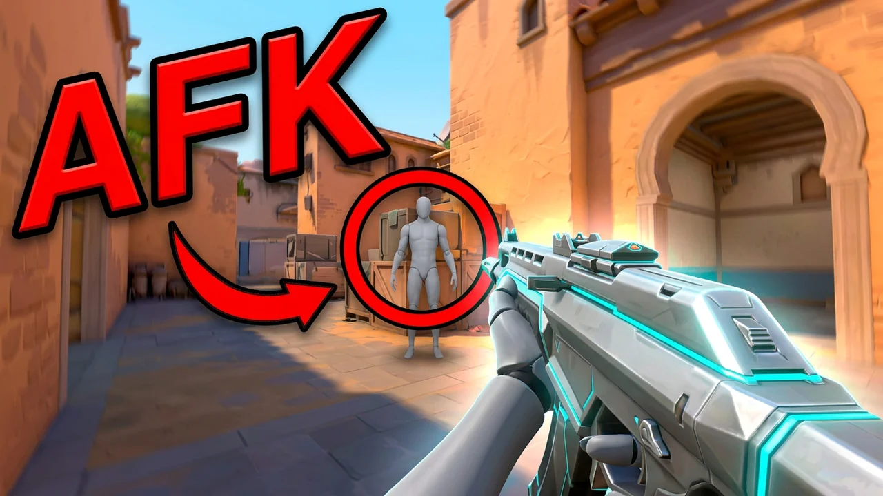 Valorant AFK troll thumbnail template, a first-person view holding a silver and teal rifle skin, a teammate standing still down a sunny street circled in red with a red arrow, big red AFK text