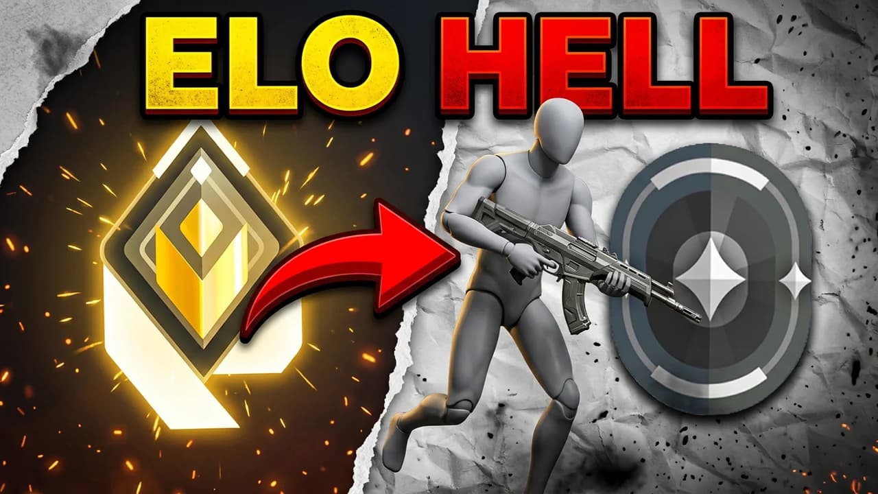 Valorant elo hell thumbnail template, a glowing gold Radiant badge on the left, a red arrow to a grey Iron badge on the right and a player with a rifle between them on torn paper, ELO HELL text