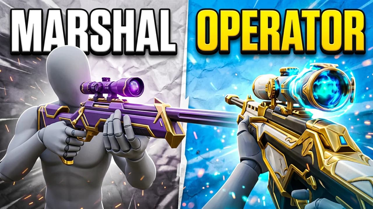 Valorant Marshal vs Operator thumbnail template, a split with a player aiming a purple Marshal sniper on a grey paper background on the left and a gold and white Operator with a glowing blue scope on the right, MARSHAL and OPERATOR text