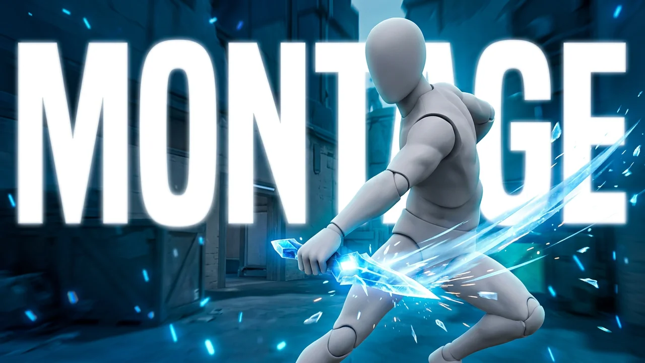 Valorant montage thumbnail template, a player mid-swing with a glowing blue crystal knife skin in front of huge white MONTAGE letters in a blue-lit corridor