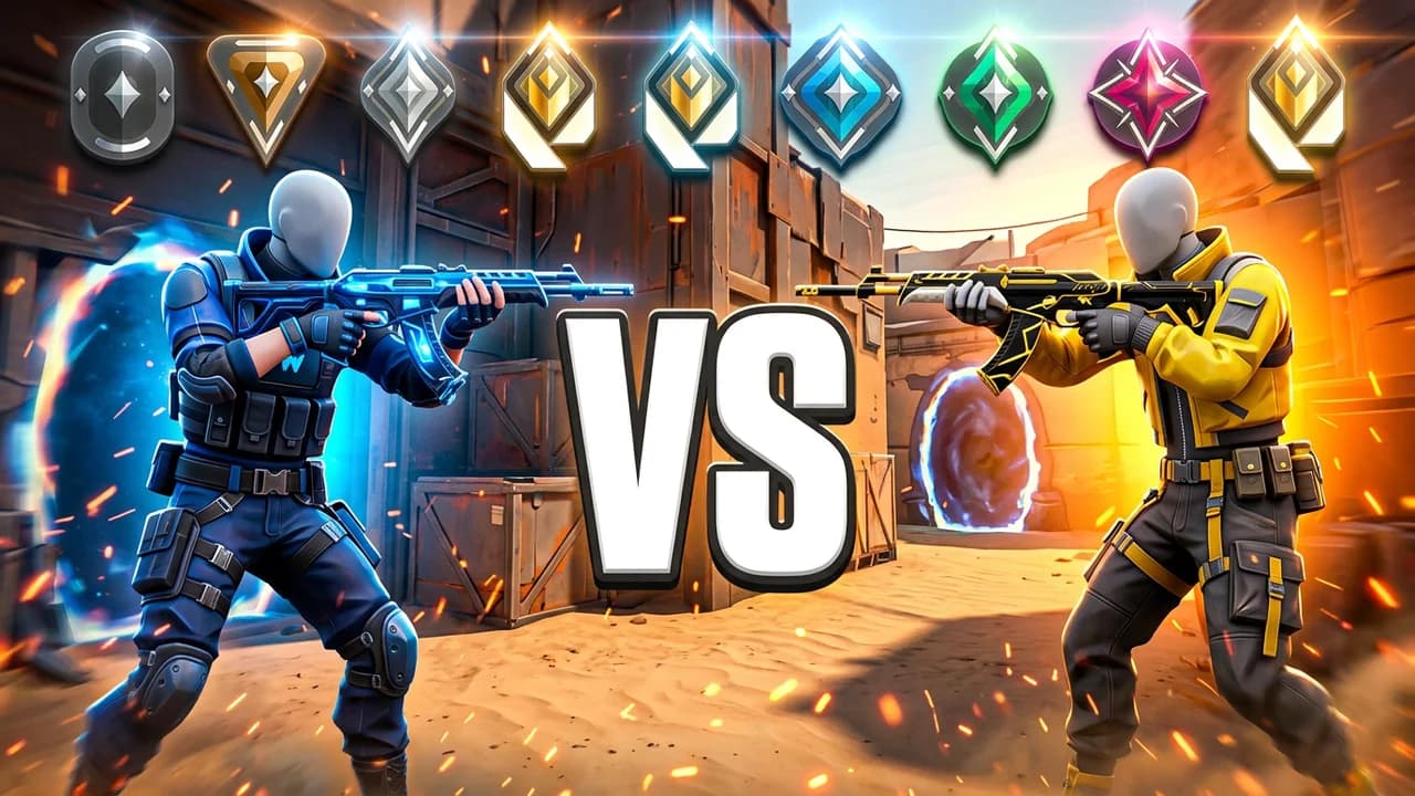 Valorant 1v1 thumbnail template, two players aiming rifles at each other on a desert map, one in blue tactical gear and one in a yellow jacket, a row of rank badges across the top and big white VS in the middle