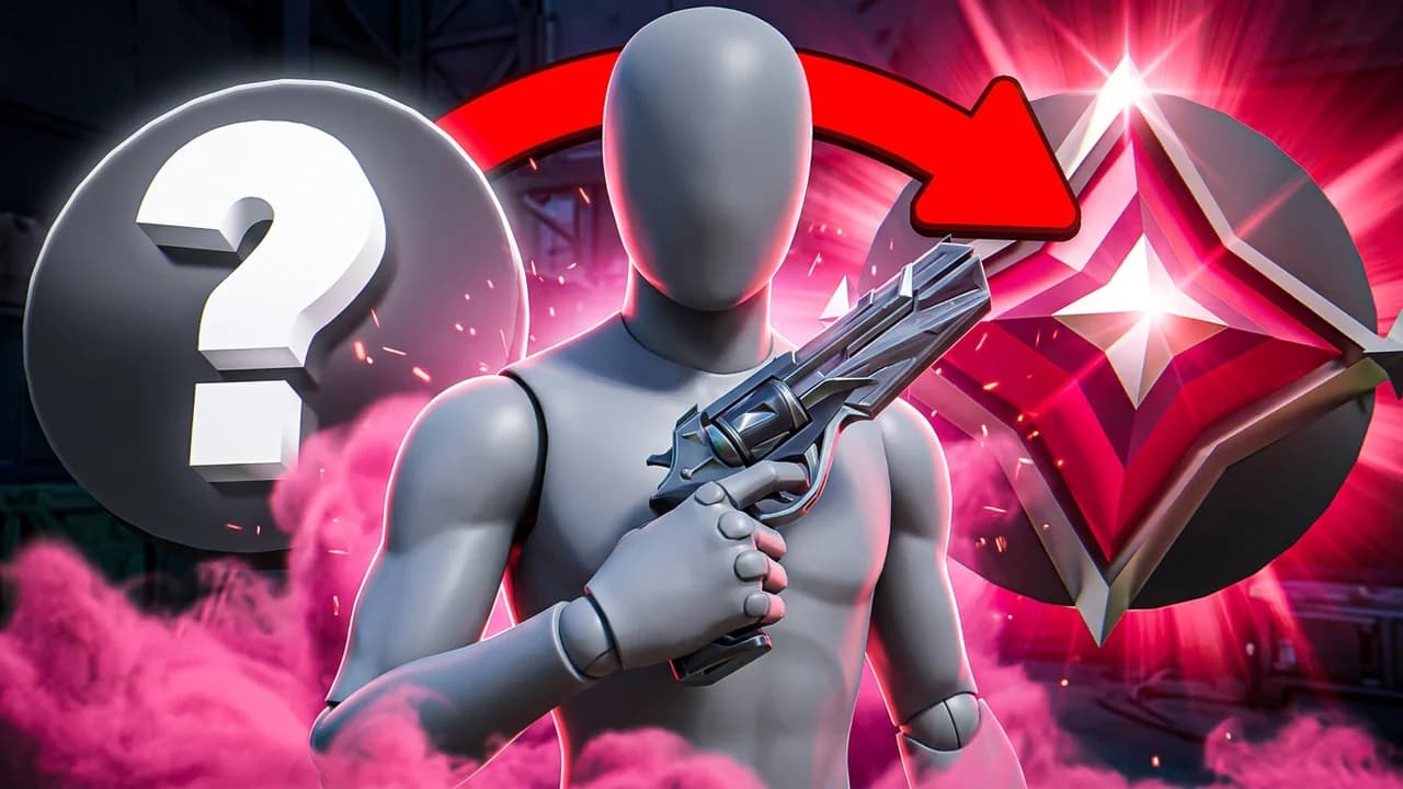 Valorant rank reveal thumbnail template, a player holding a revolver in pink smoke between a grey question mark badge and a glowing red Immortal rank badge, a red curved arrow from one to the other