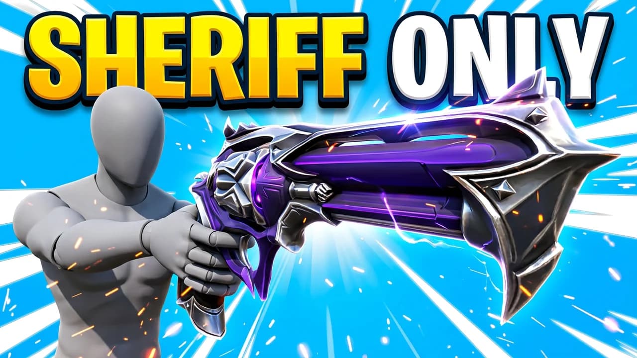 Valorant Sheriff only thumbnail template, a player aiming a huge purple and silver Sheriff revolver skin on a bright blue burst background, SHERIFF ONLY text across the top