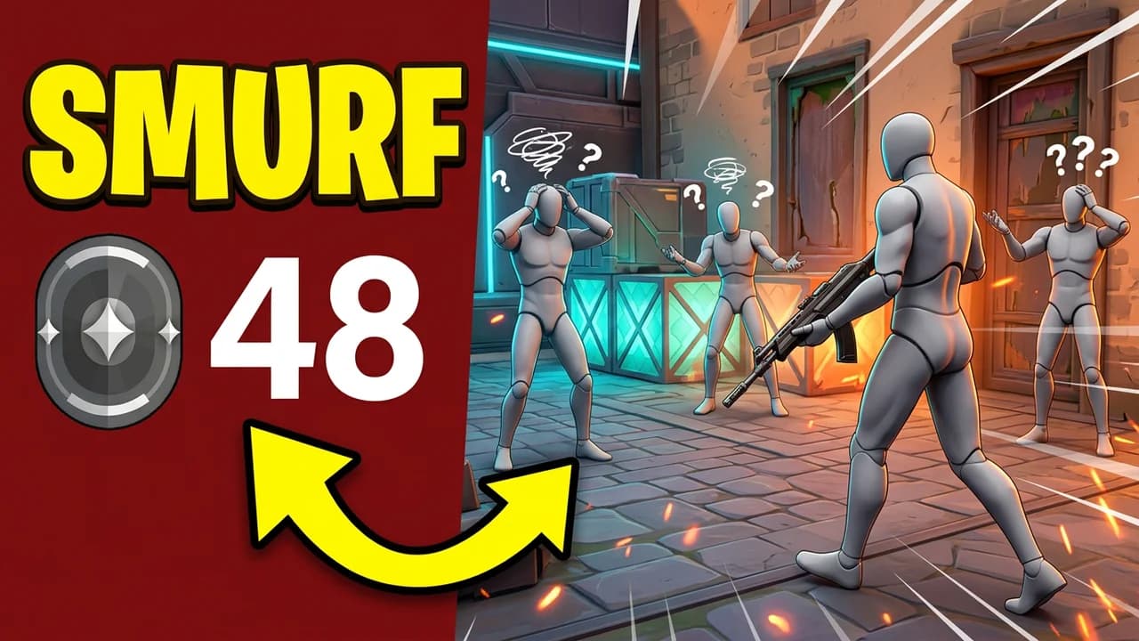 Valorant smurf thumbnail template, a dark red panel with an Iron rank badge, a big 48 and a yellow arrow on the left, a player with a rifle walking past confused players with question marks on the right, SMURF text