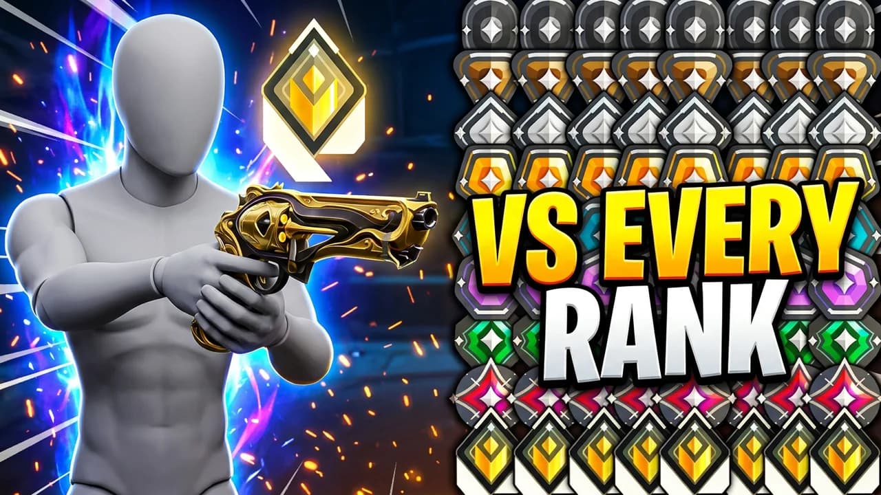 Valorant vs every rank thumbnail template, a player holding a gold Sheriff revolver beside a gold Radiant badge, a tall grid of every rank badge from Iron to Radiant on the right, VS EVERY RANK text