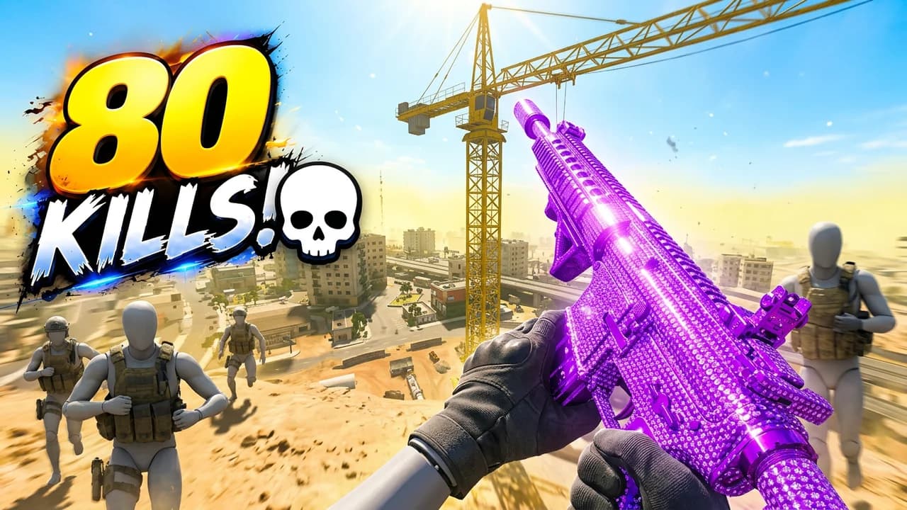 Warzone 80 kills thumbnail template, a first-person view holding a purple crystal camo rifle over a sunny desert town with a crane and enemy soldiers running in, 80 KILLS text with a skull