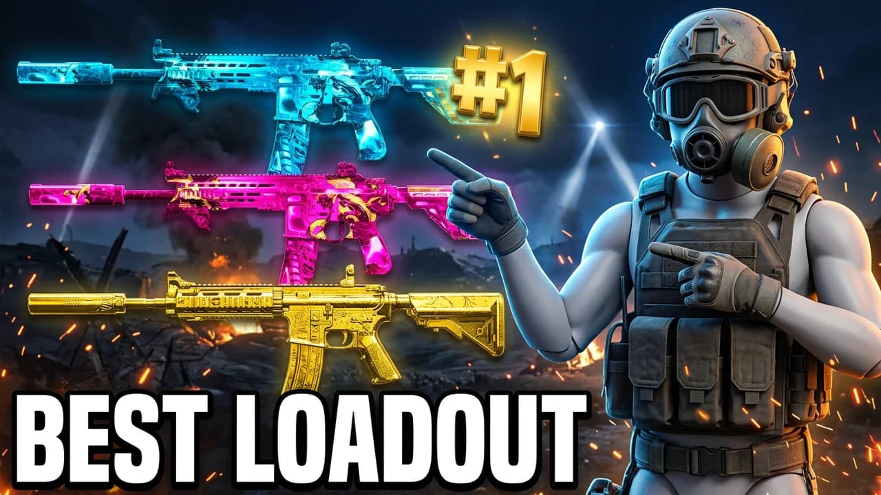 Warzone best loadout thumbnail template, three rifles stacked in icy blue, pink and gold camo with a gold #1 badge, a soldier in a gas mask pointing at the top one, BEST LOADOUT text
