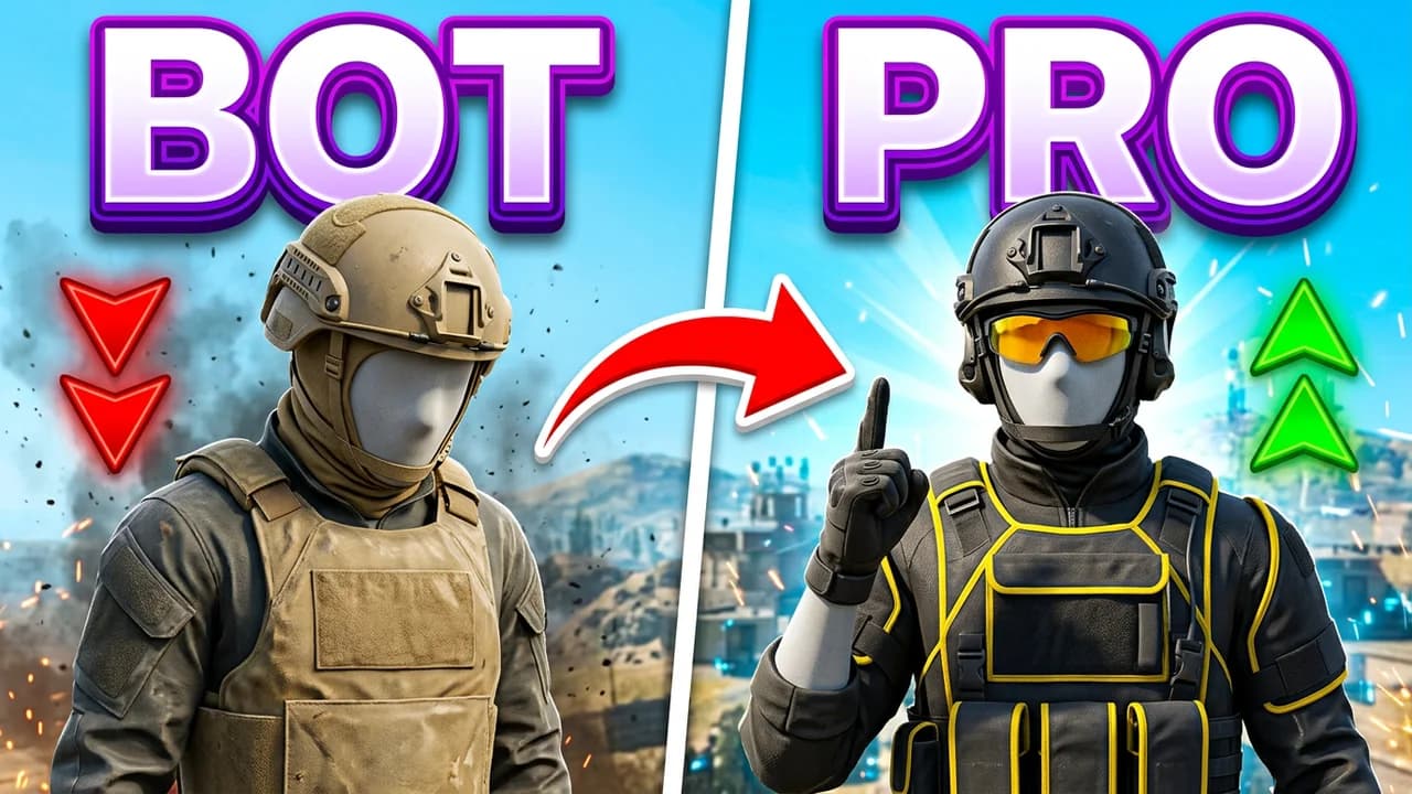 Warzone bot to pro thumbnail template, a soldier in a tan vest and helmet with red down arrows on the left, a red arrow to the same soldier in a black and yellow kit with orange goggles and green up arrows on the right, BOT and PRO text