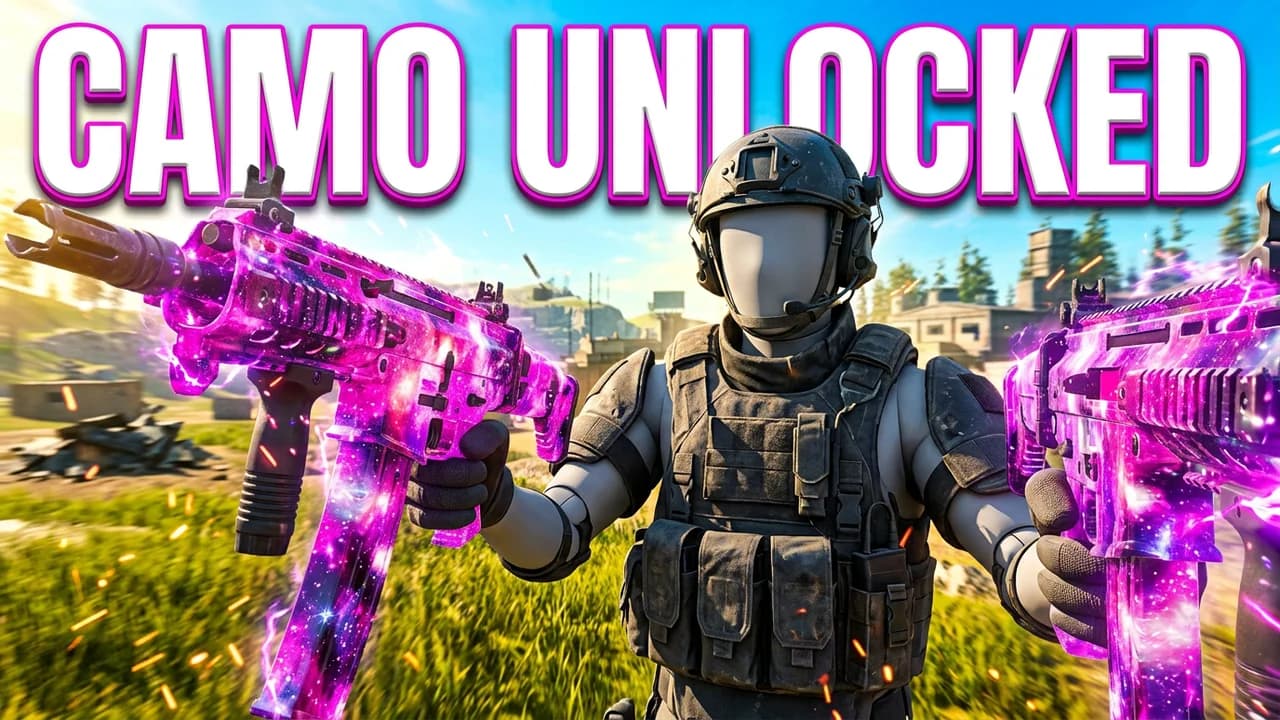 Warzone camo thumbnail template, a soldier in a dark kit holding two guns with glowing pink and purple galaxy camo in a grassy field, CAMO UNLOCKED text