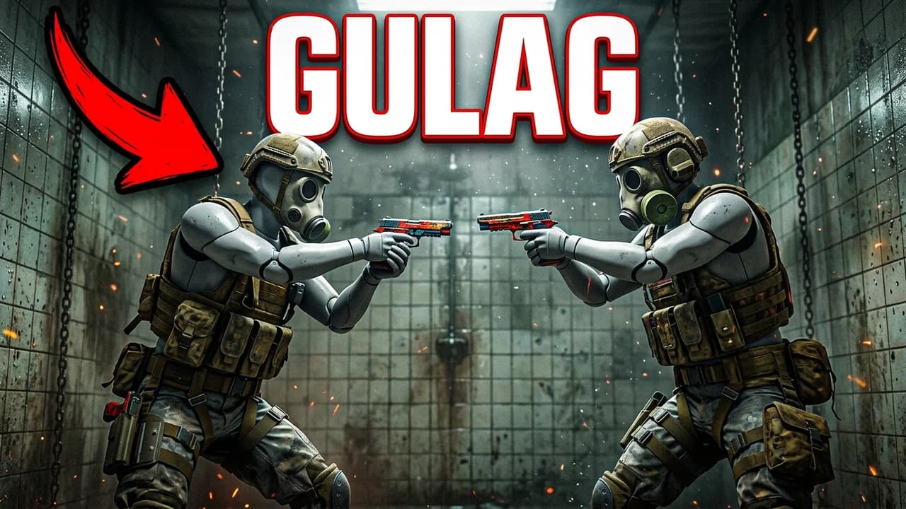 Warzone gulag thumbnail template, two soldiers in gas masks aiming pistols at each other in a dark tiled shower room with chains hanging down, a red arrow and GULAG text