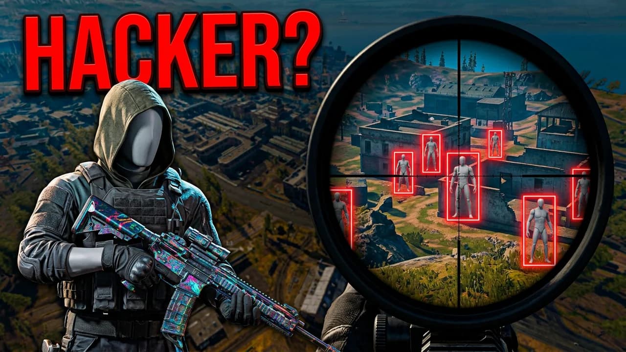 Warzone hacker thumbnail template, a hooded soldier holding a rifle next to a big sniper scope view where enemies are outlined in red boxes through walls, HACKER? text
