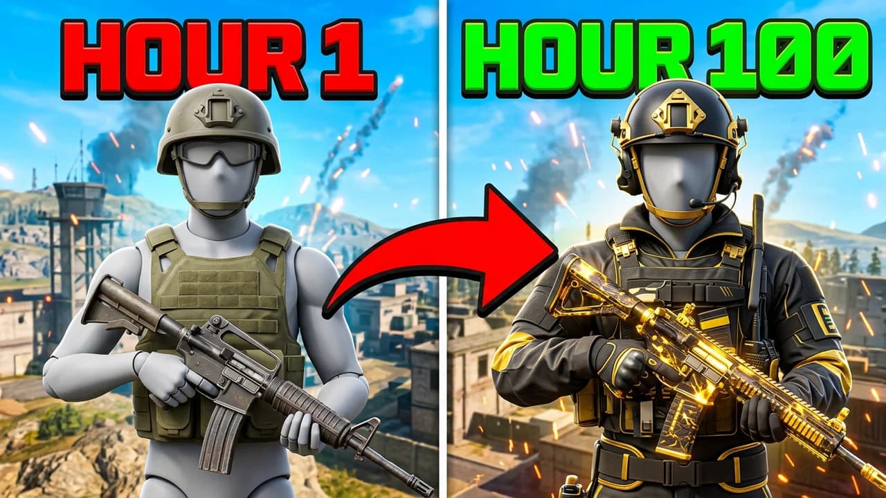 Warzone hour 1 vs hour 100 thumbnail template, a soldier in a plain green vest holding a basic rifle on the left, a red arrow to the same soldier in a black and gold kit holding a gold camo rifle on the right, HOUR 1 and HOUR 100 text