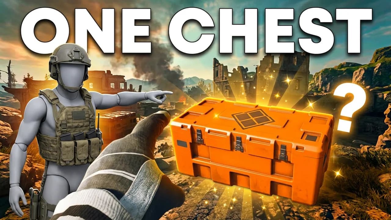 Warzone one chest challenge thumbnail template, a gloved hand reaching for a glowing orange supply crate in a ruined town, a soldier pointing at it, a question mark and ONE CHEST text
