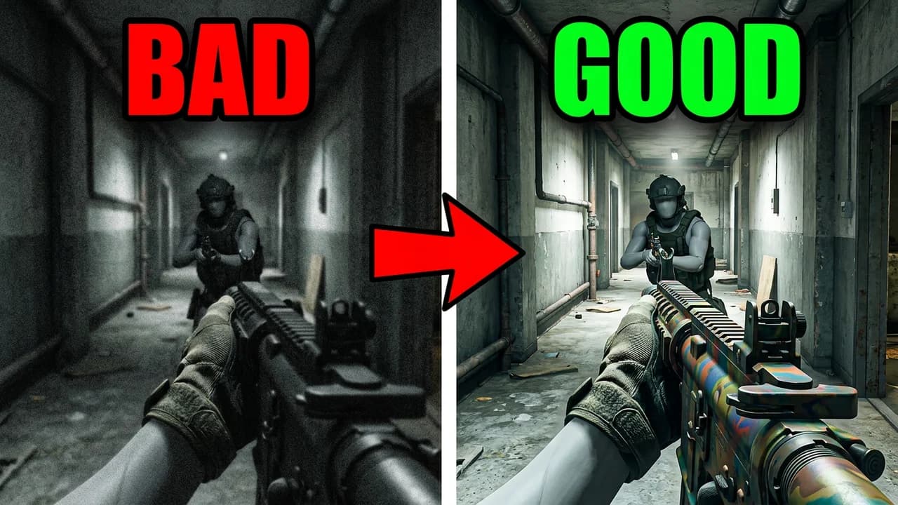 Warzone best settings thumbnail template, a first-person view down a dark grainy hallway on the left and the same hallway sharper with a camo rifle on the right, a red arrow, BAD and GOOD text