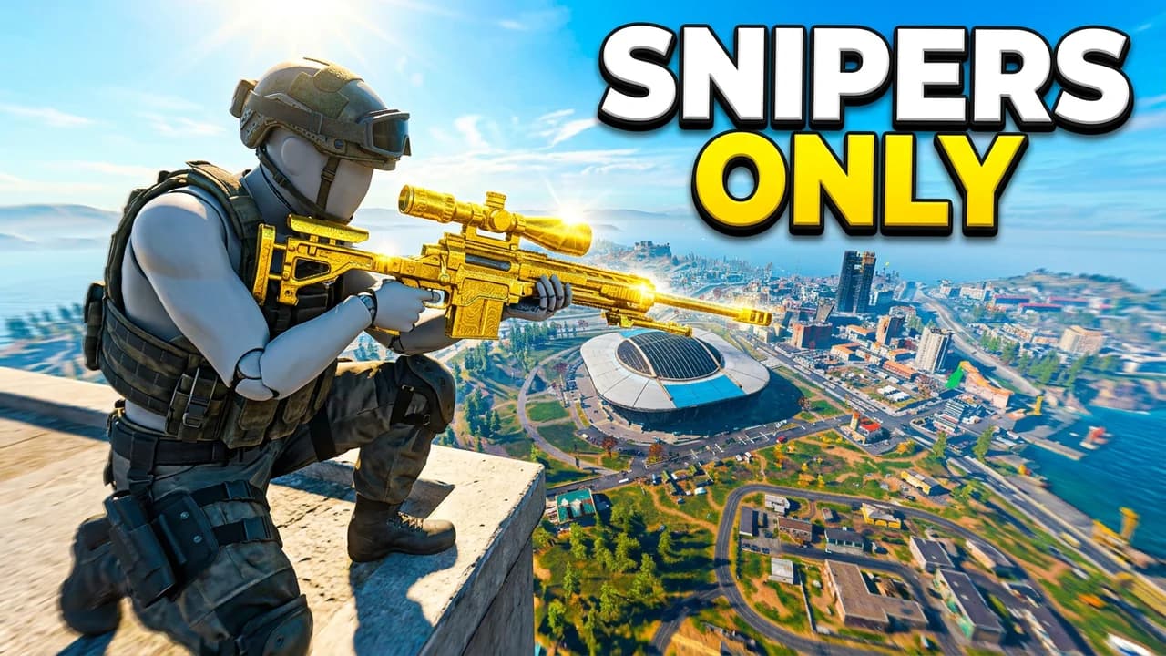 Warzone snipers only thumbnail template, a soldier kneeling on a high rooftop aiming a gold camo sniper rifle over a sunny city and coastline with a stadium, SNIPERS ONLY text