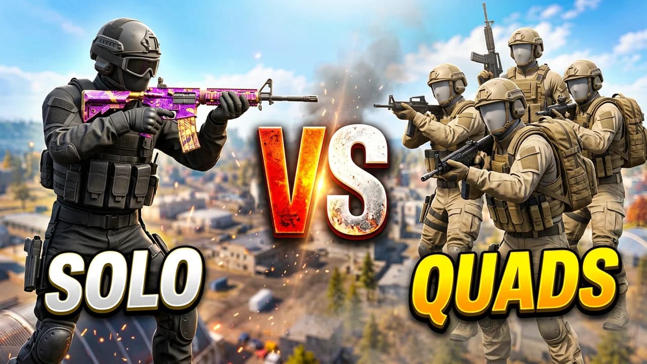 Warzone solo vs quads thumbnail template, one soldier in black aiming a purple camo rifle on the left, a squad of four soldiers in tan gear on the right, a fiery VS, SOLO and QUADS text