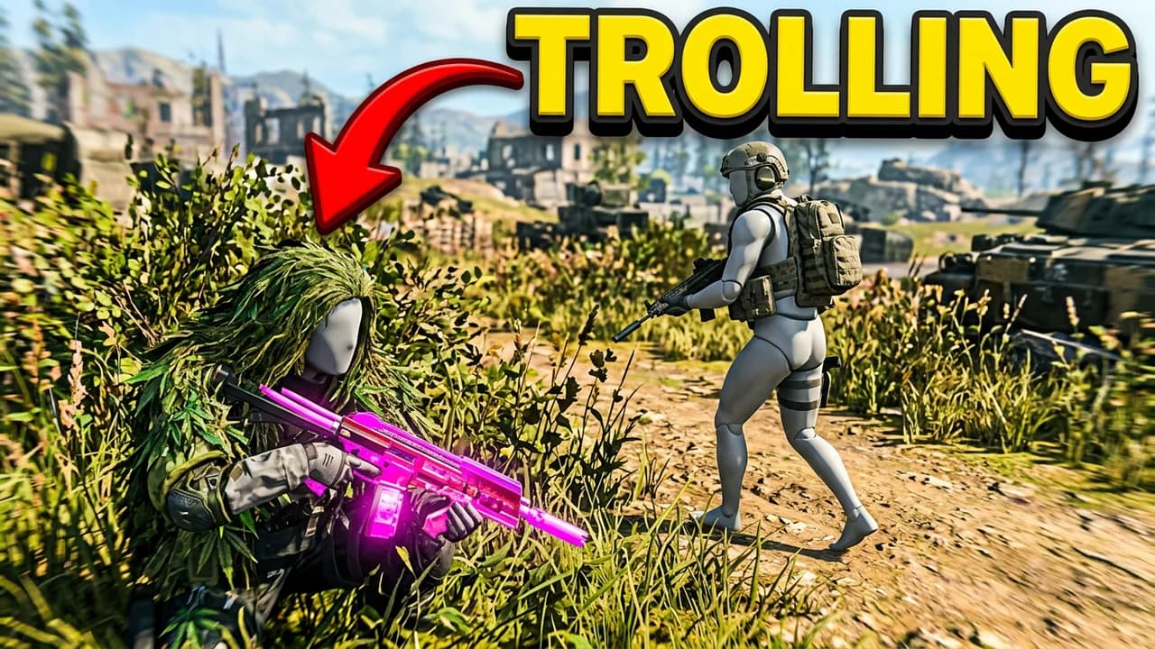 Warzone trolling thumbnail template, a soldier in a green ghillie suit hiding in tall grass with a pink camo rifle while an enemy walks past, a red arrow and TROLLING text