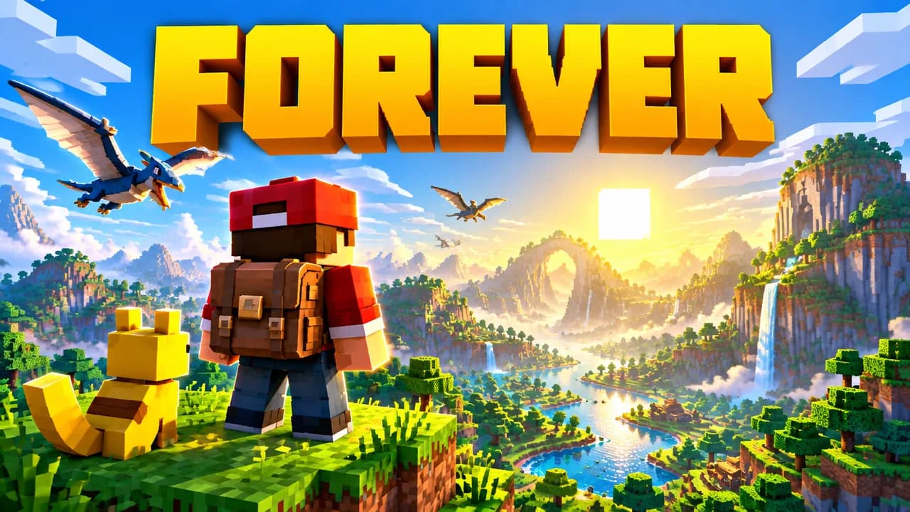 The same character turned into a finished FOREVER adventure thumbnail over a sunlit valley