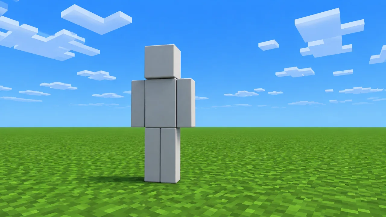 A plain grey Minecraft character standing on a flat grass world