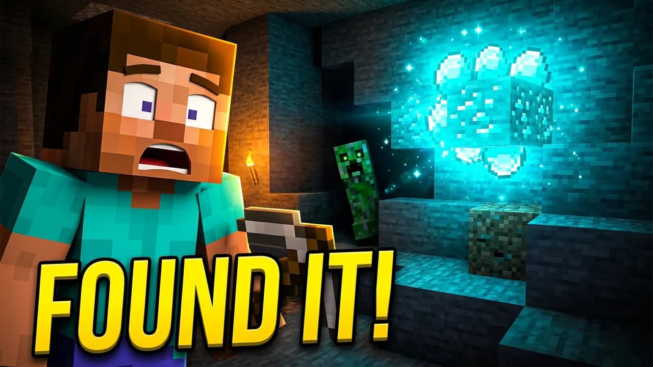 The same cave after one line: a huge shocked face, a giant glowing diamond cluster, a creeper, FOUND IT headline