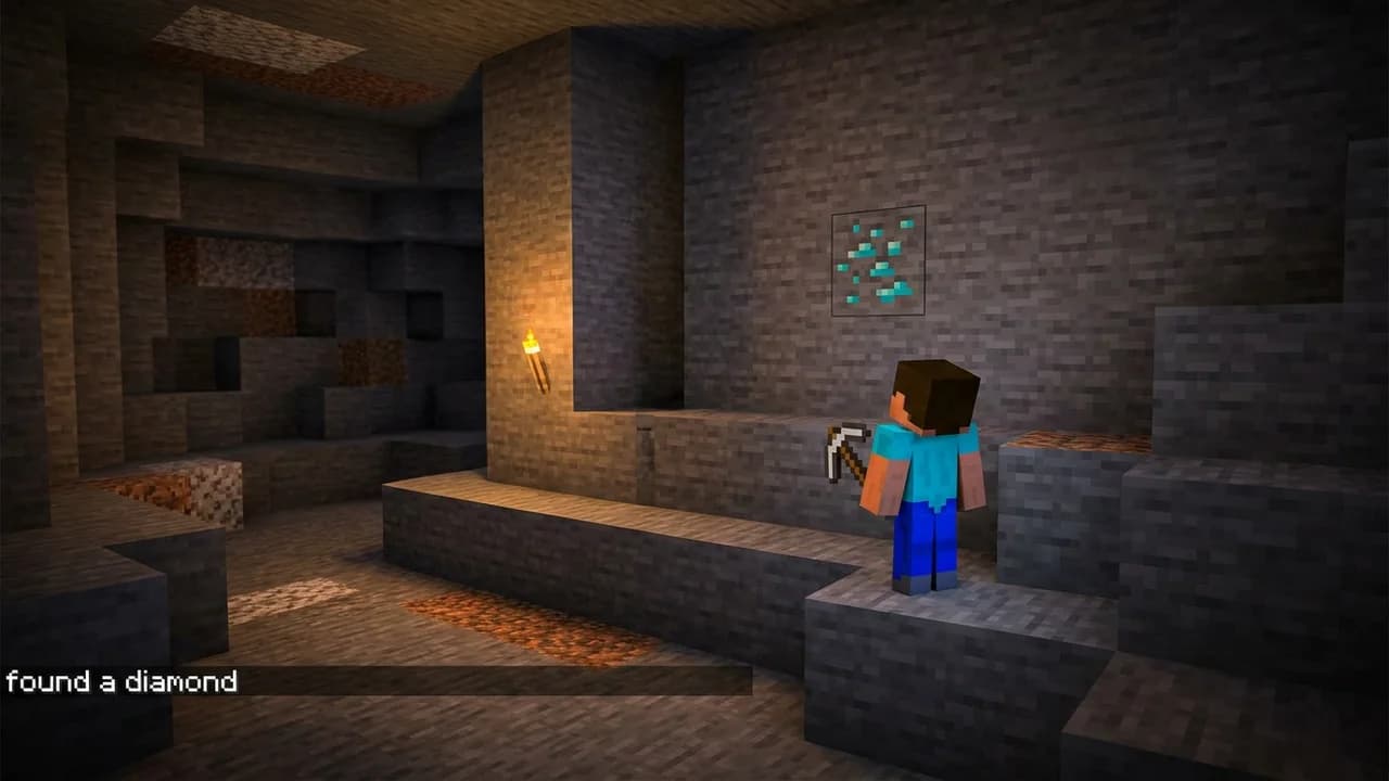 A bland Minecraft cave: small player, one dull diamond, a thin caption