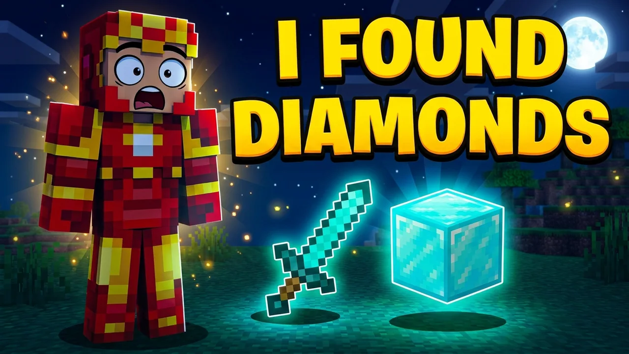 The same scene at night with a moon and glowing diamonds