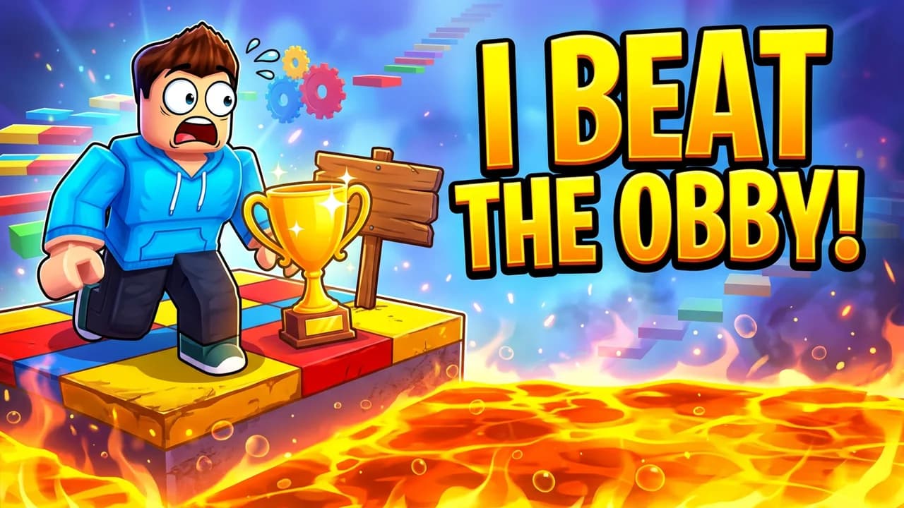 A Roblox obby thumbnail with the headline I BEAT THE OBBY
