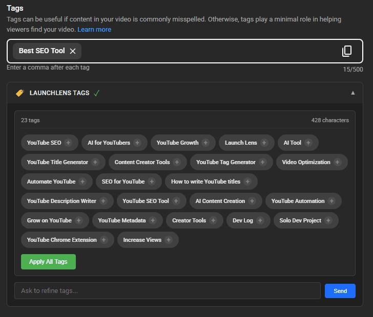 LaunchLens AI Tags showing 23 optimized YouTube tags with character count