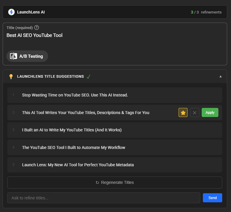 LaunchLens AI Title Suggestions showing 5 optimized YouTube titles with refinement chat