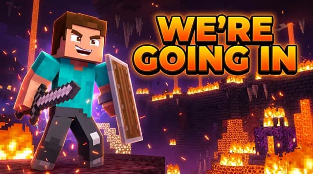 Package thumbnail: WE'RE GOING IN, a Minecraft player at a Nether portal