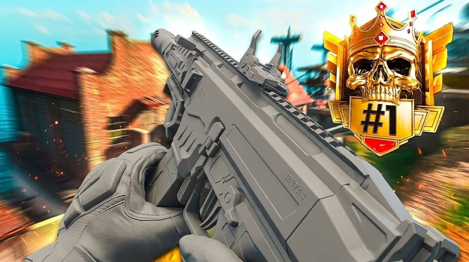 Warzone thumbnail made in the Call of Duty studio: a rifle with a number one crown badge