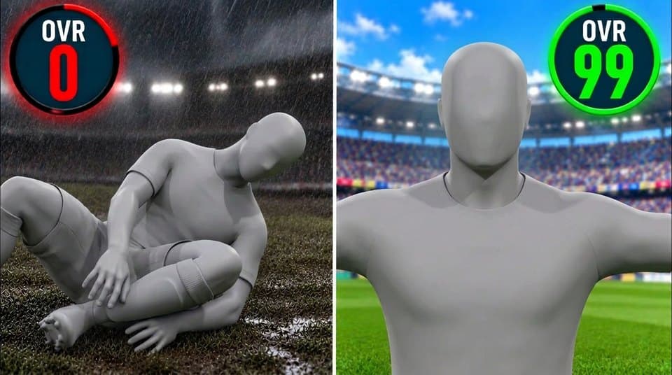 EA FC thumbnail made in the EA FC studio: a player going from 0 to 99 overall