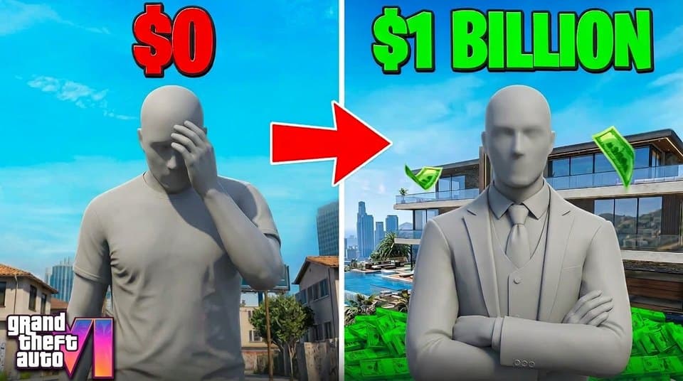 GTA thumbnail made in the GTA studio: broke to billionaire split screen