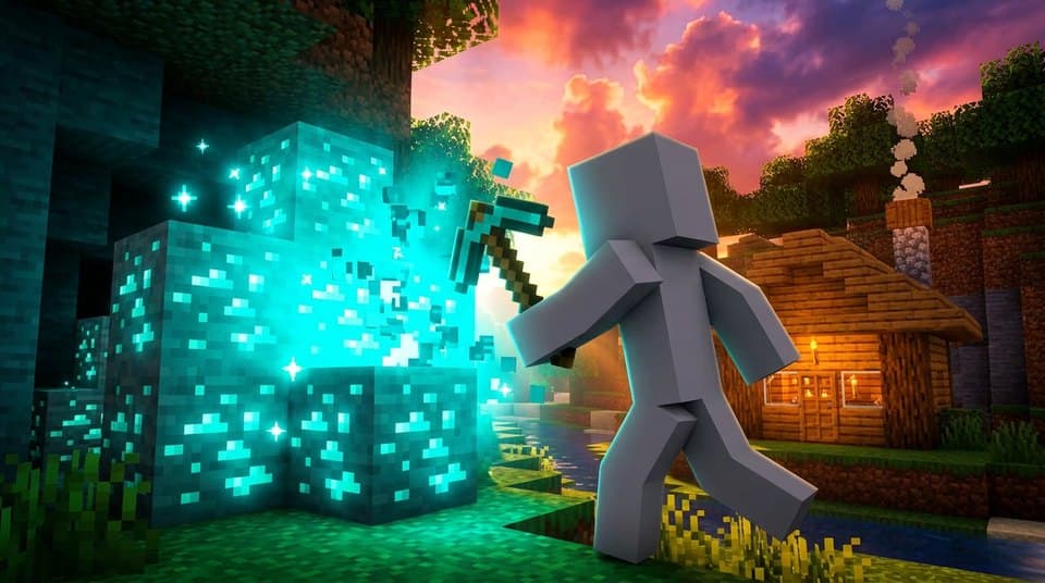 Minecraft thumbnail made in the Minecraft studio: a blocky player mining glowing diamond ore